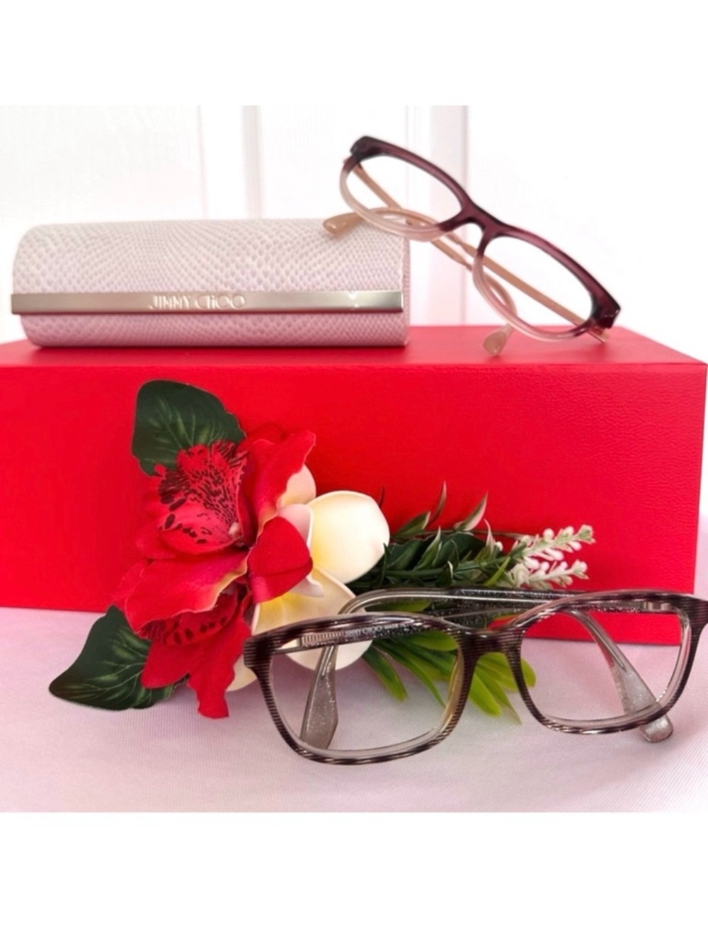 JIMMY CHOO ~ 2-Reading Glass Frames with Snakeskin Embossed Magnetic Case Holder